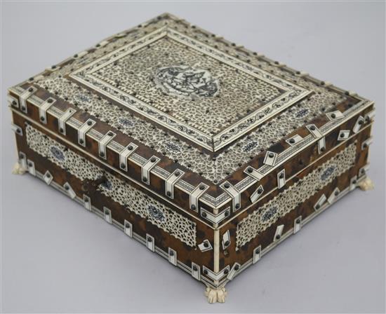An early 20th century Indian ivory mounted tortoiseshell jewellery casket, 10.5in.